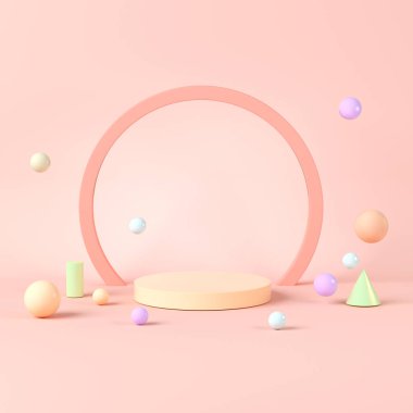 Turuncu arka planlı sahne ve geometri, üç boyutlu görüntüleme. Bilgisayar dijital çizimi.