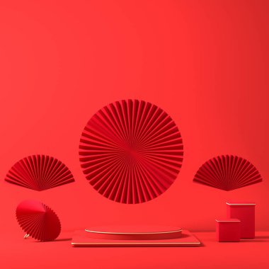 Kırmızı arka planlı geleneksel sahne, 3D görüntüleme. Bilgisayar dijital çizimi.