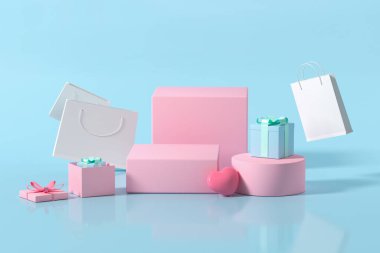 Hediye ve sahne, mavi arka plan, 3D görüntüleme. Bilgisayar dijital çizimi.