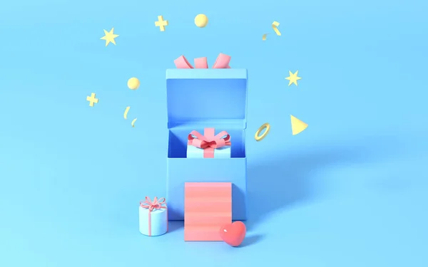 Offene Geschenke Und Treppen Mit Blauem Hintergrund Darstellung Digitale Computerzeichnung — Stockfoto