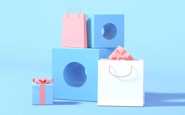 Soyut geometriler ve mavi arkaplanlı alışveriş torbaları, üç boyutlu görüntüleme. Bilgisayar dijital çizimi.