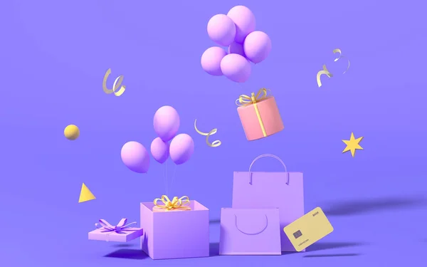 Подарки Сумка Покупок Фиолетовом Фоне Рендеринг Цифровой Рисунок — стоковое фото