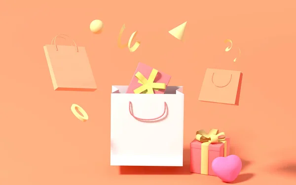 Winkeltassen Geschenken Met Oranje Achtergrond Rendering Digitale Computertekening — Stockfoto