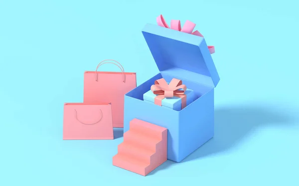 Winkeltassen Geschenken Met Blauwe Achtergrond Rendering Digitale Computertekening — Stockfoto