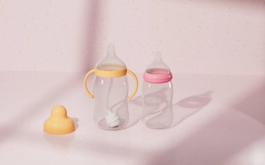 Pembe mermer kaplamalı boş besleme şişeleri, 3 boyutlu görüntüleme. Bilgisayar dijital çizimi.