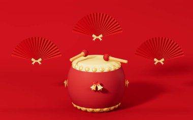 Kırmızı arka planı olan davul ve yelpaze, 3 boyutlu. Bilgisayar dijital çizimi.