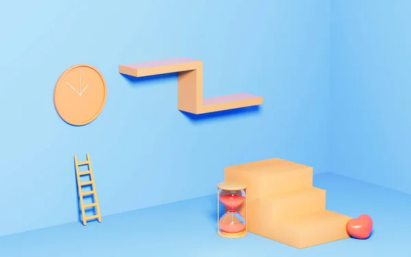 Çizgi film odasında boş bir sahne ve üç boyutlu bir saat. Bilgisayar dijital çizimi.