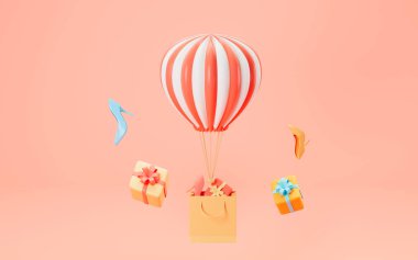 Sıcak hava balonu ve pembe arka planlı hediyeler, üç boyutlu görüntüleme. Bilgisayar dijital çizimi.