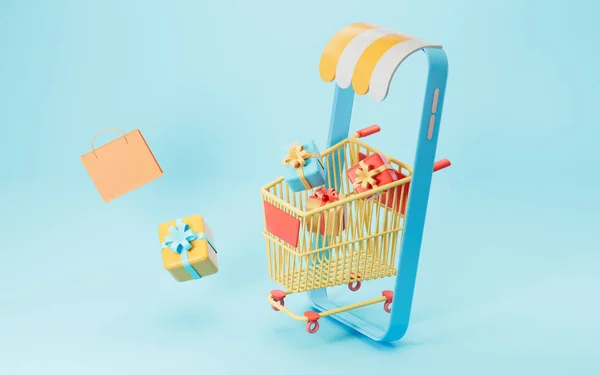 ショッピングカートと電話 オンラインショッピング 3Dレンダリング コンピュータ デジタル ドローイング — ストック写真