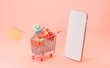 Alışveriş arabası, telefon, internetten alışveriş, üç boyutlu görüntüleme. Bilgisayar dijital çizimi.