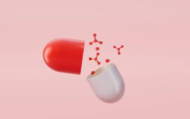 Moleküller ve pembe arka planı olan haplar, üç boyutlu görüntüleme. Bilgisayar dijital çizimi.