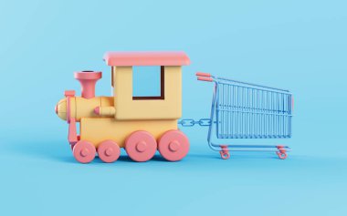 Alışveriş arabası ve tren, online alışveriş, 3D görüntüleme. Bilgisayar dijital çizimi.