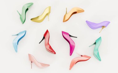 Birçok yüksek topuklu ayakkabı, beyaz arka plan, üç boyutlu çizim. Bilgisayar dijital çizimi.