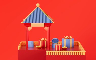 Çin tarzı mimari ve kırmızı arka planlı hediyeler, üç boyutlu görüntüleme. Bilgisayar dijital çizimi.