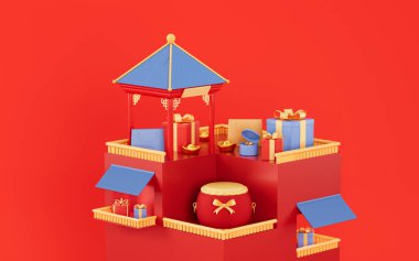 Çin tarzı mimari ve kırmızı arka planlı hediyeler, üç boyutlu görüntüleme. Bilgisayar dijital çizimi.