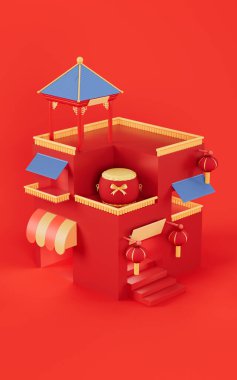 Kırmızı arka planlı, 3 boyutlu Çin tarzı mimari. Bilgisayar dijital çizimi.