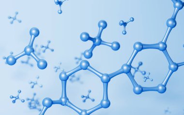 Mavi arka planı olan moleküller, 3 boyutlu görüntüleme. Bilgisayar dijital çizimi.
