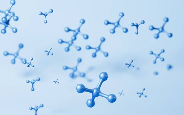 Mavi arka planı olan moleküller, 3 boyutlu görüntüleme. Bilgisayar dijital çizimi.