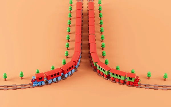 Pociągi Kursują Torach Kolejowych Renderując Cyfrowy Rysunek Komputera — Zdjęcie stockowe