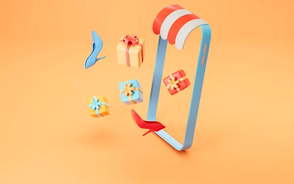 礼物和电话网上购物3D渲染计算机数字绘图 — 图库照片
