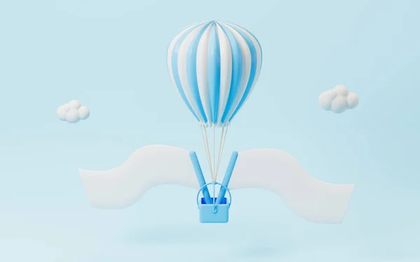 Hőlégballon Üres Zászlók Kék Háttérrel Renderelés Számítógépes Digitális Rajz — Stock Fotó