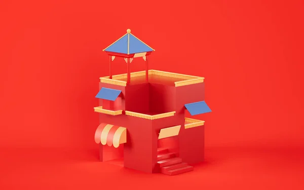 红色背景的中国风格建筑 3D渲染 计算机数字绘图 — 图库照片