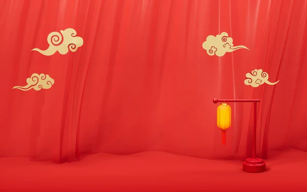 Linterna China Cortinas Rojas Fondo Representación Dibujo Digital Informático — Foto de Stock