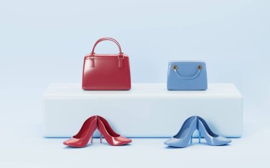 Yüksek topuklu ayakkabılar ve mavi arka planı olan çantalar, üç boyutlu çizimler. Bilgisayar dijital çizimi.