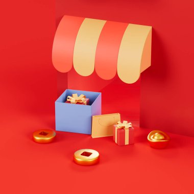 Çin tarzı mimari ve kırmızı arka planlı hediyeler, üç boyutlu görüntüleme. Bilgisayar dijital çizimi.