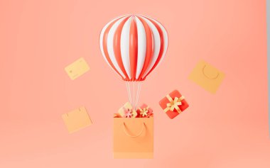 Sıcak hava balonu ve pembe arka planlı hediyeler, üç boyutlu görüntüleme. Bilgisayar dijital çizimi.