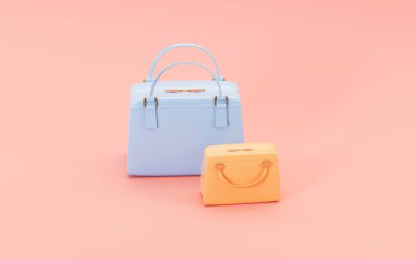 Pembe arka planı olan çantalar, 3 boyutlu çizimler. Bilgisayar dijital çizimi.