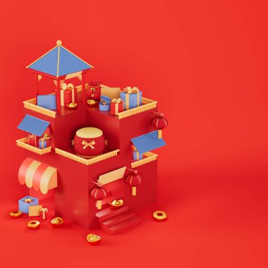 Çin tarzı mimari ve kırmızı arka planlı hediyeler, üç boyutlu görüntüleme. Bilgisayar dijital çizimi.