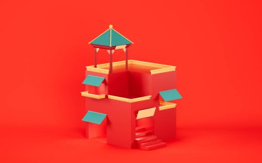 Kırmızı arka planlı, 3 boyutlu Çin tarzı mimari. Bilgisayar dijital çizimi.