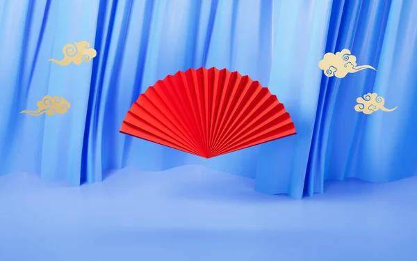 Red fan and blue curtains background, 3d rendering. Computer digital drawing.