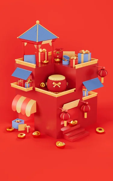 Architecture Style Chinois Cadeaux Avec Fond Rouge Rendu Dessin Numérique — Photo