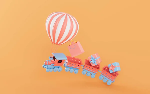 熱気球と漫画列車 3Dレンダリング コンピュータ デジタル ドローイング — ストック写真