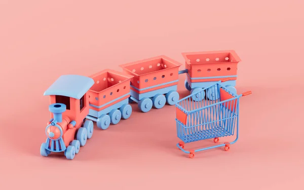 购物车和火车 网上购物 3D渲染 计算机数字绘图 — 图库照片