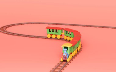 Pembe arka planlı, 3D görüntülü bir tren raylarda ilerliyor. Bilgisayar dijital çizimi.