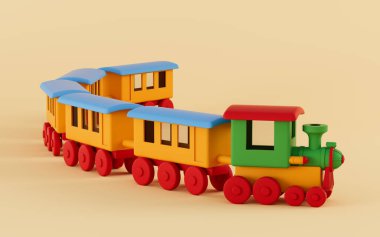 Sarı arka planı olan, 3 boyutlu bir tren. Bilgisayar dijital çizimi.