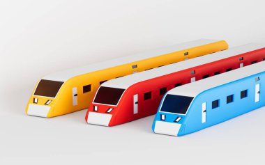 Beyaz arka planı olan trenler, 3 boyutlu görüntüleme. Bilgisayar dijital çizimi.