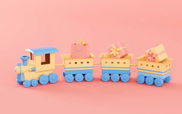 Cartoon Train Gifts Pink Background Rendering Computer Digital Drawing — Stock Photo, Image