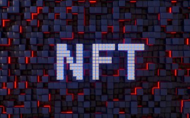 Soyut küp arkaplanlı NFT karşılanamaz jeton konsepti, 3D görüntüleme. Bilgisayar dijital süzmesi.