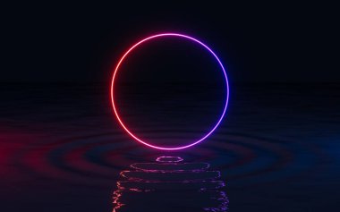 Suyun üzerindeki neon hattı, 3D görüntüleme. Bilgisayar dijital çizimi.