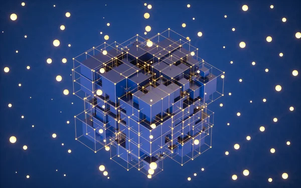 Soyut küpler ve parlayan parçacıklar, mavi arkaplan, 3D görüntüleme. Bilgisayar dijital çizimi.