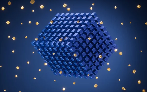 Soyut Küpler Parlayan Parçacıklar Mavi Arkaplan Görüntüleme Bilgisayar Dijital Çizimi — Stok fotoğraf