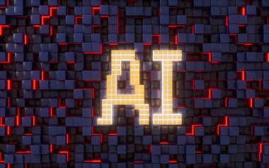 Soyut küp arka planlı yapay zeka teknolojisi, üç boyutlu görüntüleme. Bilgisayar dijital çizimi.