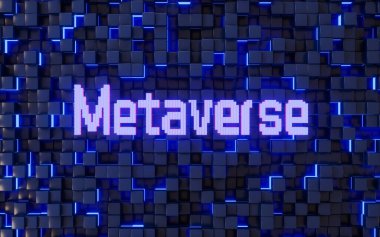 Soyut küp arkaplanlı metaverse konsept, 3D görüntüleme. Bilgisayar dijital çizimi.