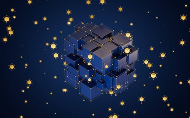 Soyut küpler ve parlayan parçacıklar, mavi arkaplan, 3D görüntüleme. Bilgisayar dijital çizimi.