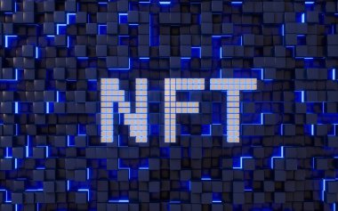 Soyut küp arkaplanlı NFT karşılanamaz jeton konsepti, 3D görüntüleme. Bilgisayar dijital süzmesi.