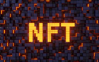 Soyut küp arkaplanlı NFT karşılanamaz jeton konsepti, 3D görüntüleme. Bilgisayar dijital süzmesi.